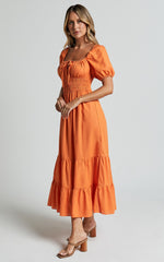 Claritza Midi Dress - Linen Look Short Puff Sleeve Square Neck Tiered Dress in Sherbert