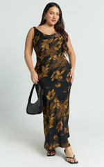 Dara Midi Dress - Low Neck Sleeveless Slip Dress in Amber Floral Print