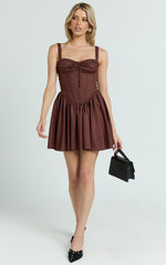 Jonas Mini Dress - Corset Ruched Lace Trim Dress in Chocolate
