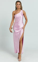 Isla Maxi Dress - Satin One Shoulder Side Split Dress in Pink