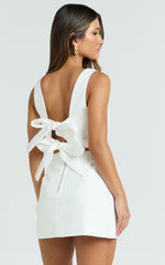 Sia Two Piece Set - Tie Back Boat Neck Crop Top and Mini Skirt Set in White