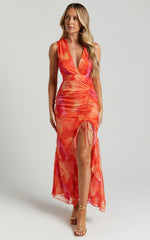 Annie Midi Dress - Wrap Front Ruffle Detail Dress in Orange Floral