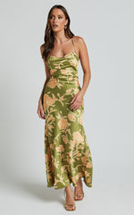 Aisling Midi Dress - Cowl Neck Satin Bias Midi Dress in Olive