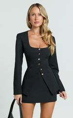Evie Two Piece Set - Long Sleeve Button Down Tailored Top and Mini Skirt Set in Black
