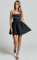 Cora Mini Dress - Diamante Detail Textured Mini Dress in Black