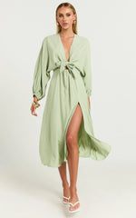 Tyricia Midi Dress - Long Sleeve Tie Front Cut Out Dress in Sage