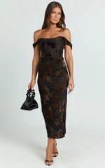 Karlene Midi Dress - Ruched Corset Burnout Dress in Black and Brown