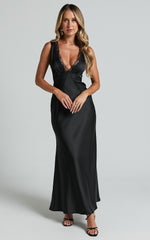 Chrissie Maxi Dress - Lace Detail Plunge Dress in Black