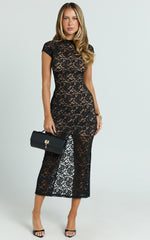 Emma Midi Dress - Lace Cap Sleeve Bodycon Dress in Black