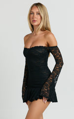 Frieda Mini Dress - Off Shoulder Flared Long Sleeve Stretch Lace Dress in Black