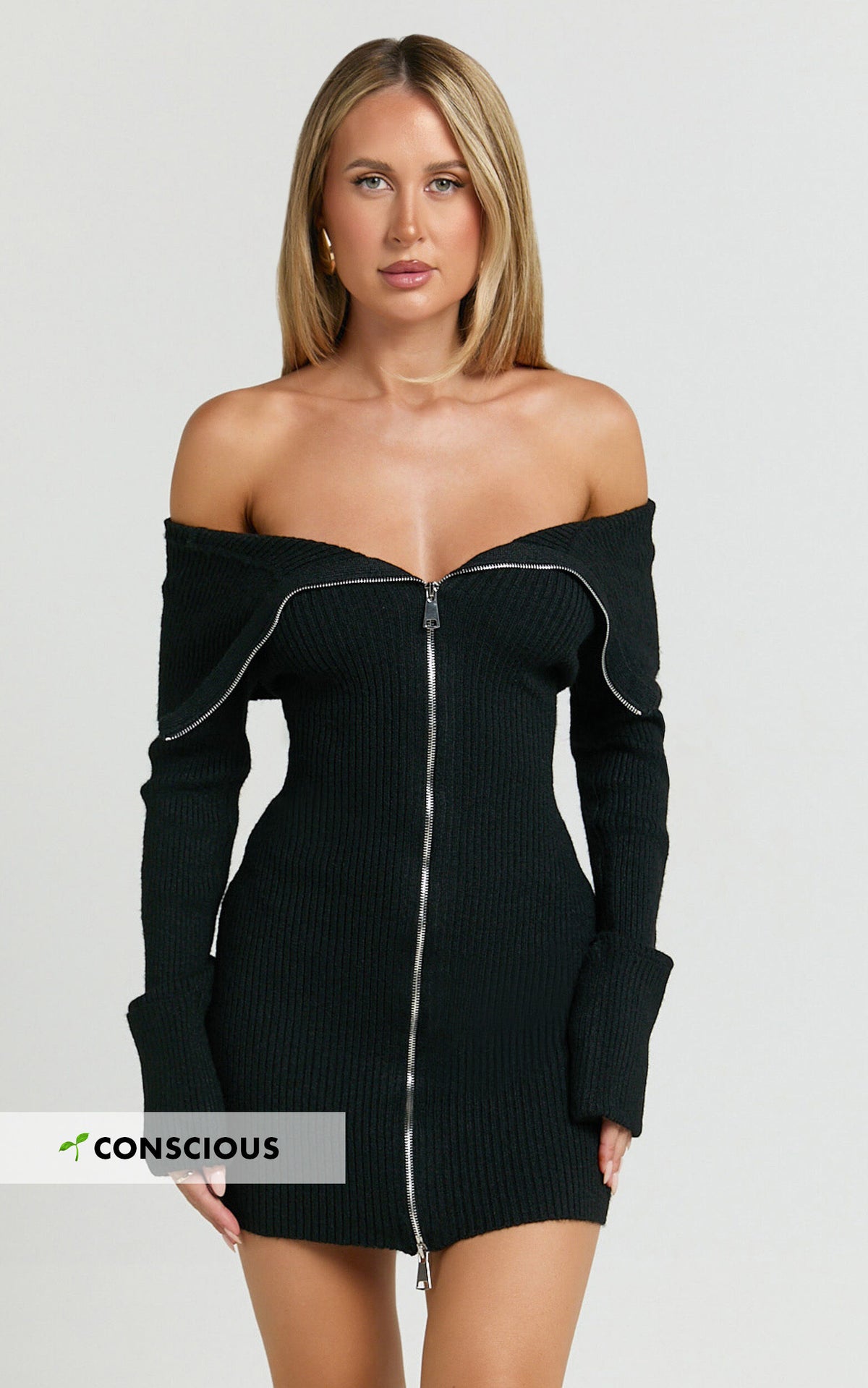 Madeline Mini Dress - Folded Off Shoulder Double Zip Front Knit Dress in Black