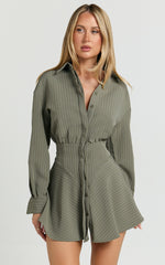 Whitney Mini Dress - Linen Long Sleeve Shirt Dress in Grey Keisha Stripe
