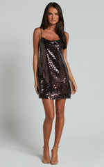 Marleen Mini Dress - Strappy Low Back Sequin Dress in Chocolate