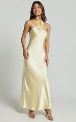 Keithy Midi Dress - Rosette Halter Neck Slip Dress in Lemon