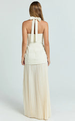 Loretta Maxi Dress - Contrast Halter Neck Pleated Dress in Pastel Yellow