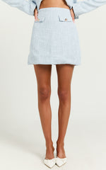 Olympia Mini Skirt - High Waisted A Line Boucle Skirt in Pale Blue