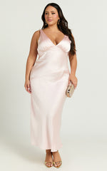 Brienne Midi Dress - Plunge Cowl Back Satin Dress in Soft Pink