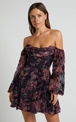 Jessell Mini Dress - Long Sleeve Cowl Corset Dress in Burnt Out Floral