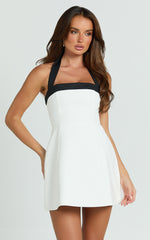 Broome Mini Dress - Contrast Halter Tie Tulip Skirt Dress in White/Black