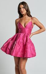 Britany Mini Dress - V Neck Tiered Strappy Tiered Fit and Flare Dress in Fuchsia
