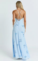 Aurora Maxi Dress - Floral Sequin Cowl Neck Dress in Baby Blue