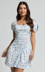 Norma Mini Dress - Sweetheart Short Puff Sleeve Fit and Flare Dress in Floral Print