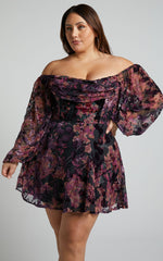 Jessell Mini Dress - Long Sleeve Cowl Corset Dress in Burnt Out Floral