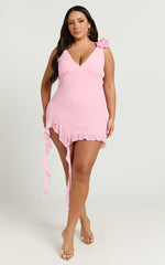 Solange Mini Dress - Ruffle Shoulder High Leg Dress in Frost Pink