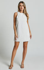 Elda Mini Dress - Linen High Neck Shift Dress in Off White