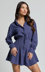 Whitney Mini Dress - Linen Long Sleeve Shirt Dress in Navy