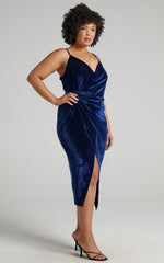 Loving Blind Midi Dress - Draped Thigh Split Dress in navy velvet