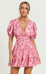 Adea Mini Dress - Plunge Puff Sleeve Tiered Dress in Pink Floral