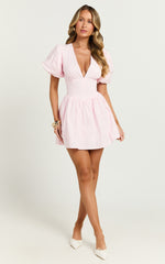 Nelli Mini Dress - Short Puff Sleeve Shirred Back Dress in Baby Pink