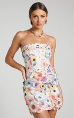 Wren Mini Dress - Strapless Bodycon Garden Flowers Dress in Pink