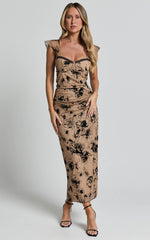 Athena Maxi Skirt - Floral Mesh High Waist Skirt in Brown and Black Burnout