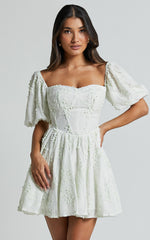 Esthela Mini Dress - Embroidered Square Neck Short Puff Sleeve Corset in Pale Mint