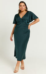 Amartina Midi Dress - V Neck Twist Bodice Flutter Sleeve Dress in Forest Green