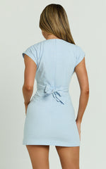 Alexandrea Mini Linen Dress - Twist Front Cap Sleeve Fitted Dress in Blue