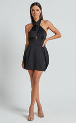 Carla Mini Dress - Halter Tie Neck Rosette Detail Dress in Black