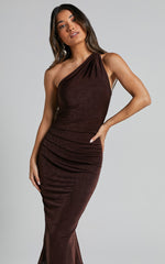 Arietty Midi Dress - One Shoulder Asymmetrical Ruched Dress in Chocolate