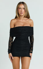 Jensen Mini Dress - Off Shoulder Stretch Lace Bodycon Dress in Black