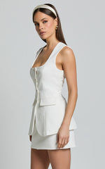 Phyllis Two Piece Set - Tailored Scoop Neck Vest Top and A Line Mini Skirt Set in White