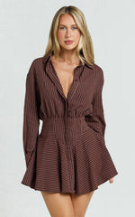 Whitney Mini Dress - Linen Long Sleeve Shirt Dress in Chocolate Pinstripe