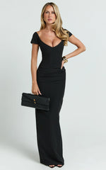 Veronika Maxi Dress - Off Shoulder Plunge High Split Dress in Black