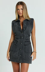 Jasse Mini Dress - Hardware Button Through Denim Dress in Washed Black