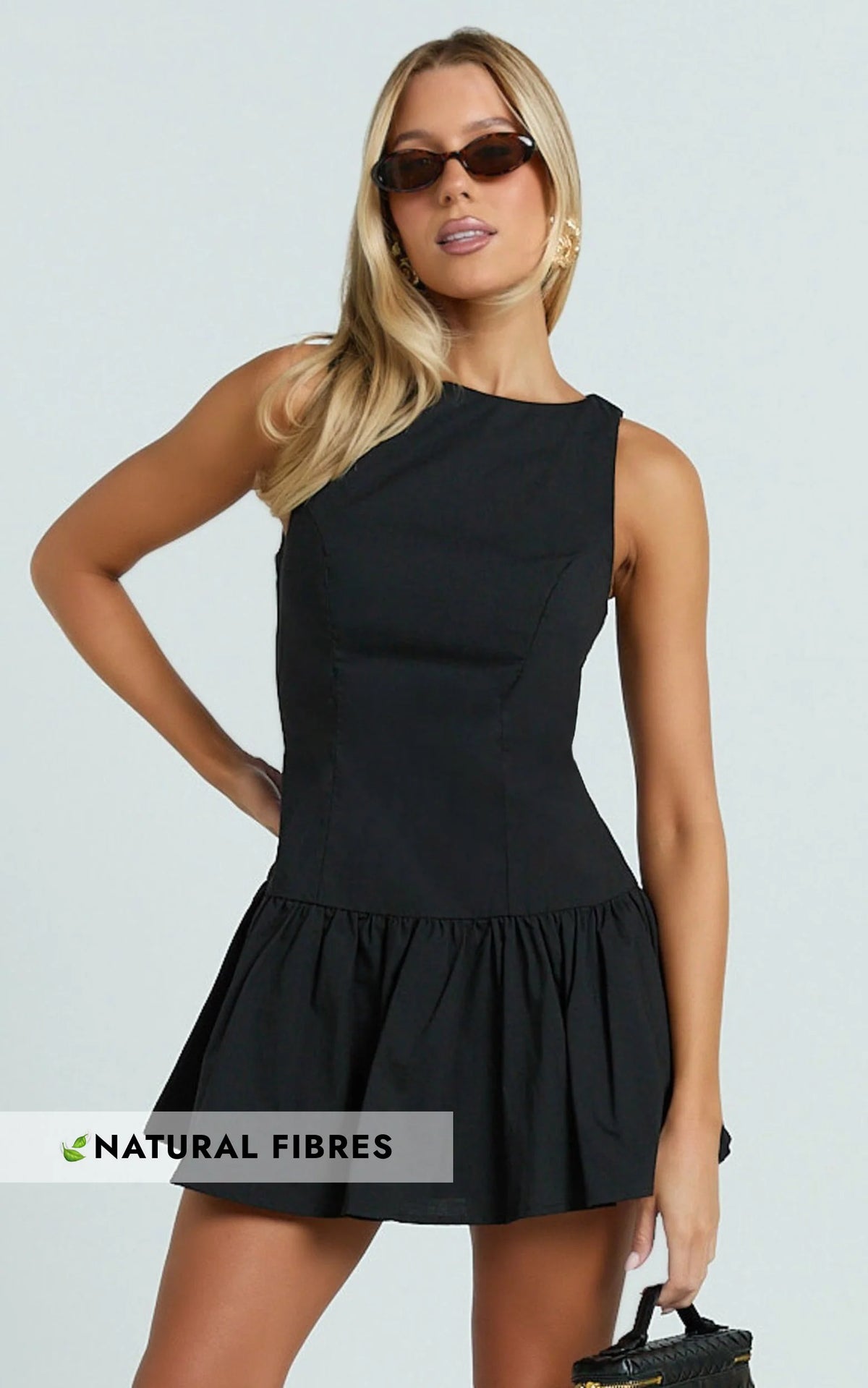 Izira Mini Dress - Boat Neck Drop Waist Shift Dress in Black