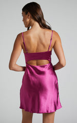 Mikaila Mini Dress - Cut Out Back Satin Slip Dress in Plum