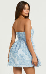 Laure Mini Dress - Strapless Jacquard Dress in Blue