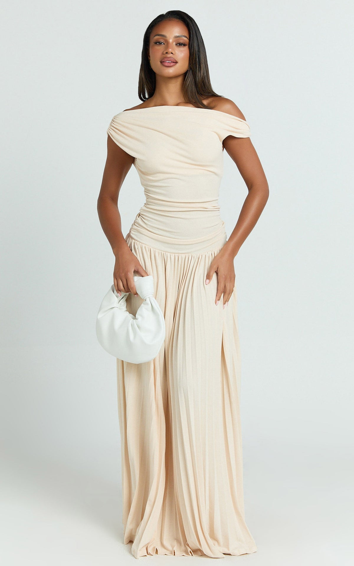 Yvonne Maxi Dress - Jersey Tip Shoulder Ruched Dress in Off White