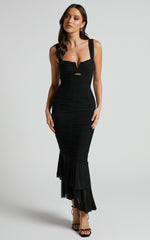 Kody Midi Dress - Bodycon Ruched Mesh Cut Out Dress in Black